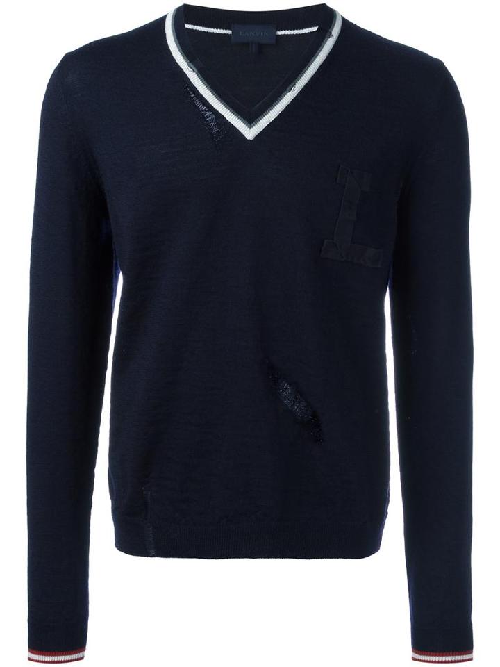 Lanvin Openwork V-neck Jumper, Men's, Size: Small, Blue, Wool/cotton/viscose
