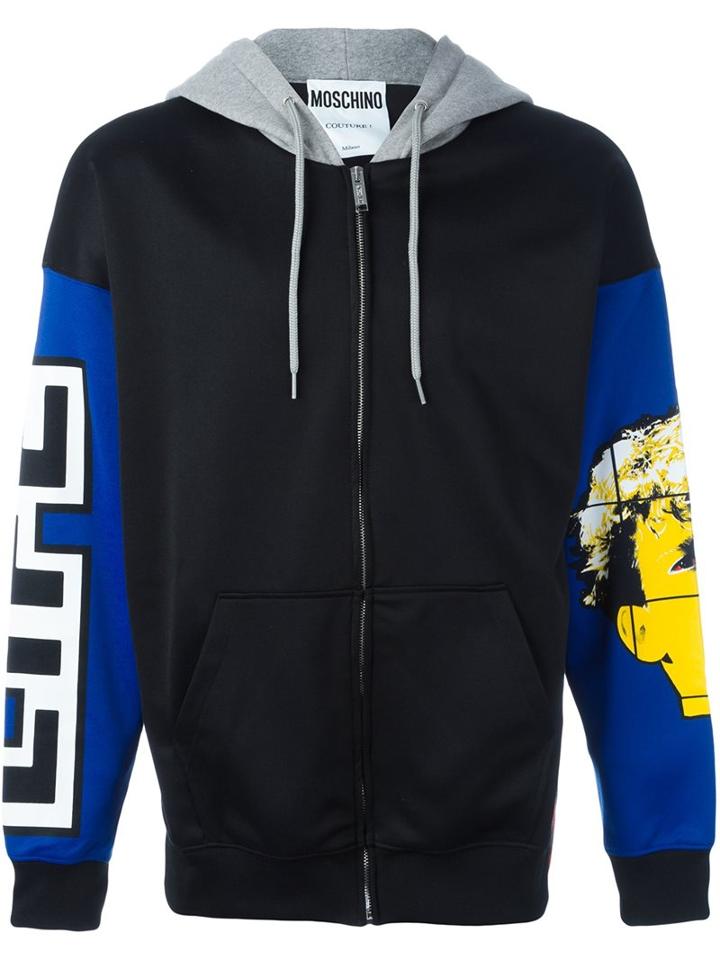 Moschino Patchwork Hoodie, Men's, Size: 50, Black, Cotton/polyester