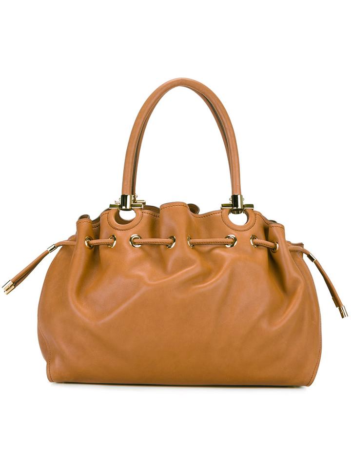 Salvatore Ferragamo Drawstring Gancio Tote, Women's, Brown, Calf Leather