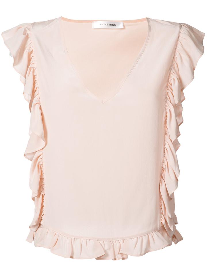 Anine Bing - Frill V-neck Top - Women - Silk - S, Pink/purple, Silk