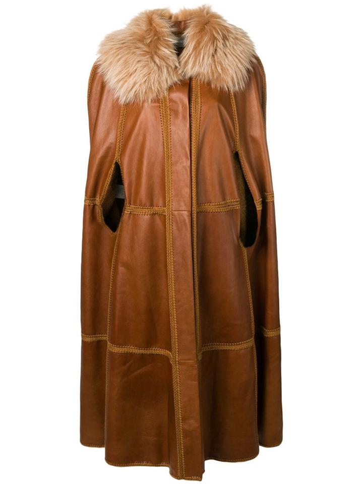 Alberta Ferretti Long Fur Collar Poncho Coat - Brown