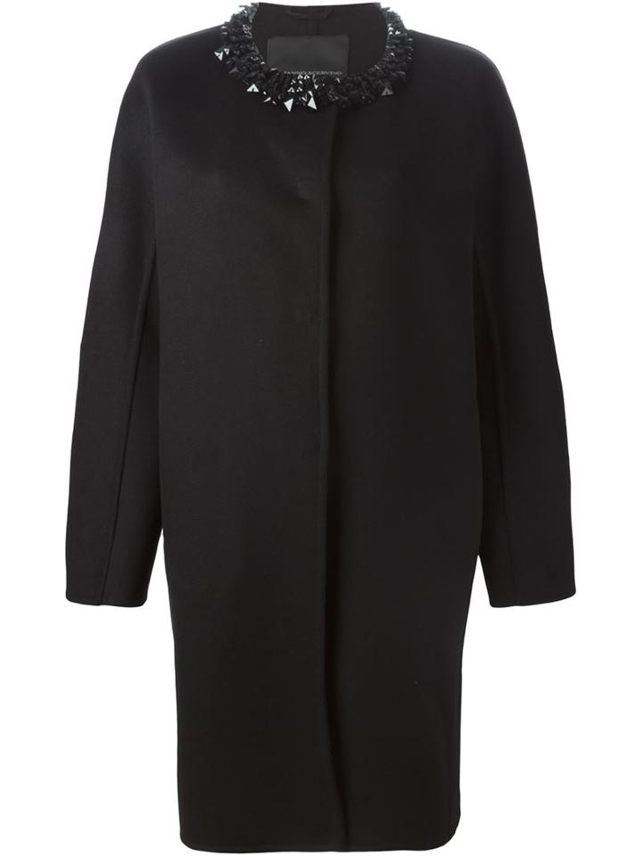 Ermanno Scervino Embellished Collar Coat, Women's, Size: 44, Black, Cotton/plastic/acetate/virgin Wool