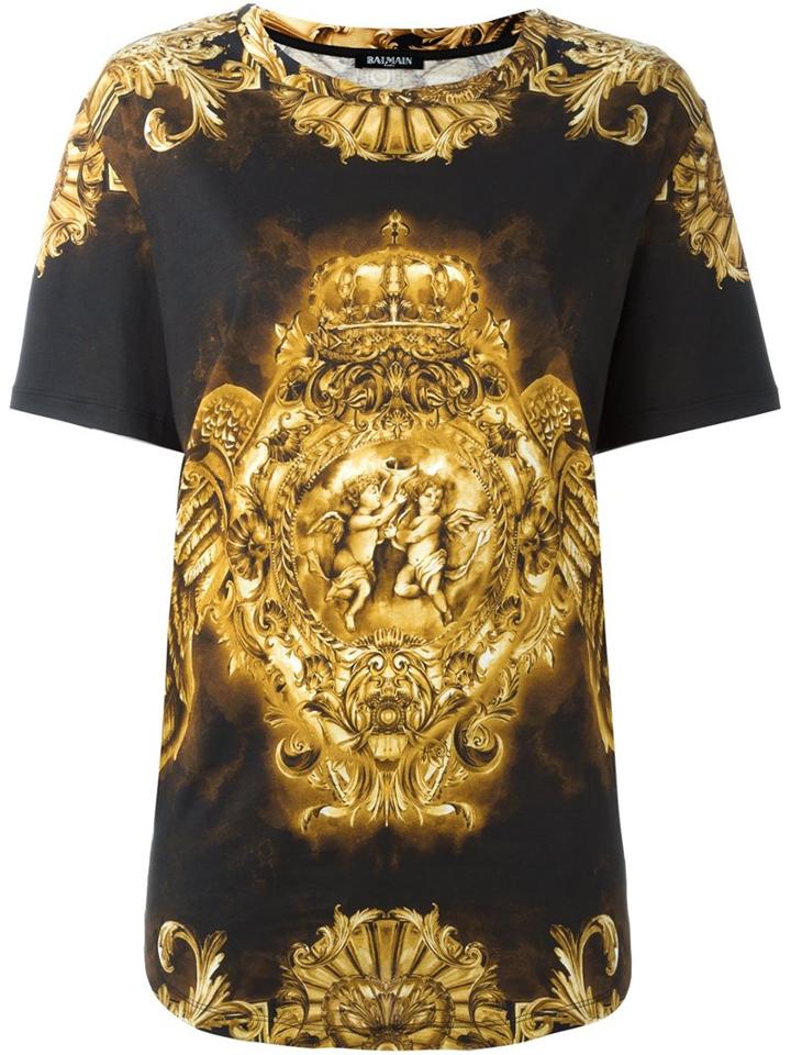 Balmain Baroque Print T-shirt, Women's, Size: 40, Black, Cotton