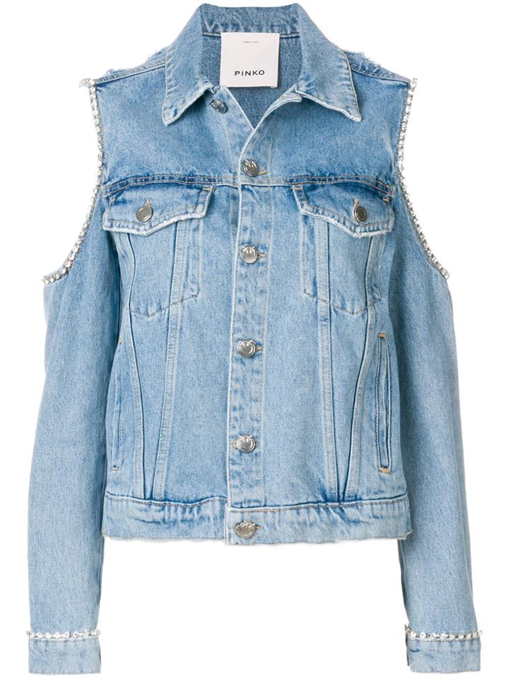 Pinko Cut Out Shoulders And Gemstone Embellished Denim Jacket - Blue