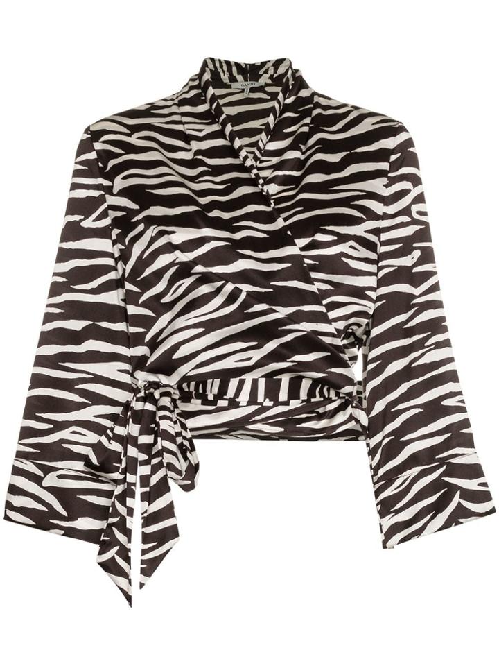 Ganni Blakely Zebra Print Silk Wrap Top - Black