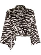 Ganni Blakely Zebra Print Silk Wrap Top - Black