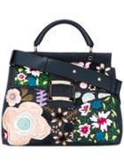 Roger Vivier Floral Tote, Women's, Blue, Cotton/paper/leather/metal (other)