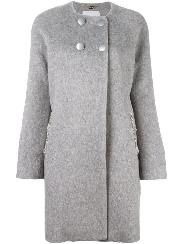 Blugirl Embellished Pocket Double Breasted Coat, Women's, Size: 44, Grey, Cotton/acrylic/polyester/other Fibers