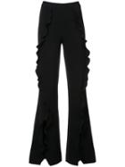 Saloni - Frill Flared Trousers - Women - Polyester/polyurethane - 0, Black, Polyester/polyurethane