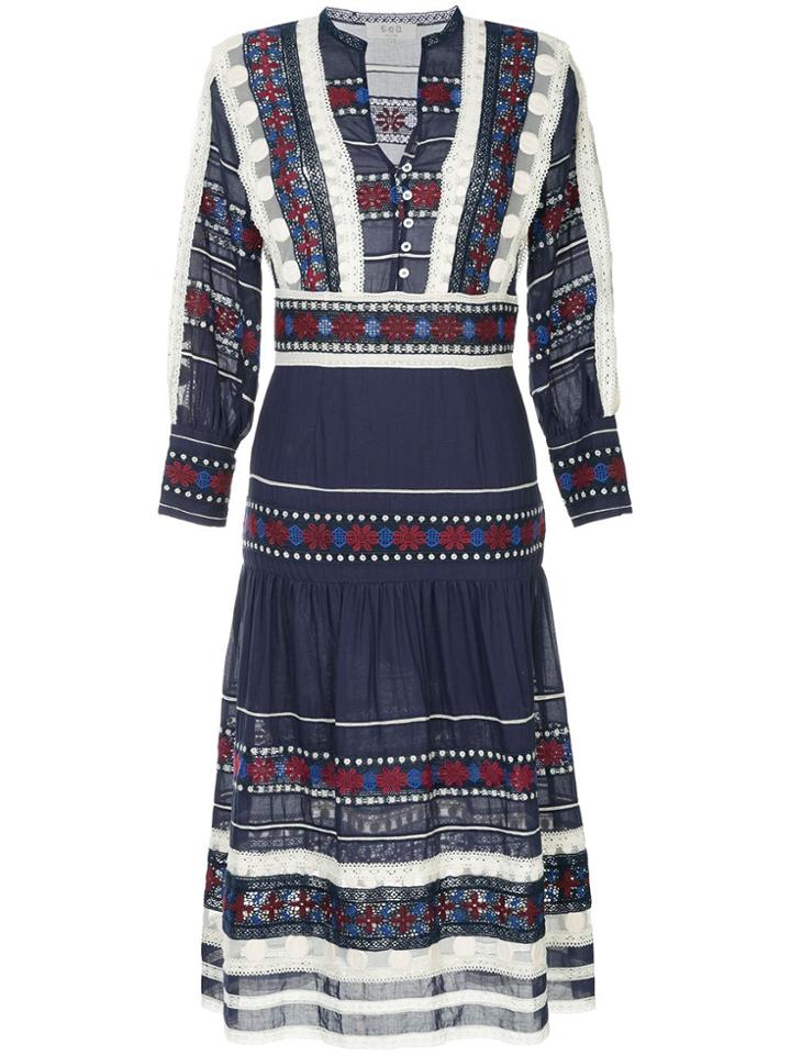 Sea Lace Trimmed Embroidered Dress - Blue