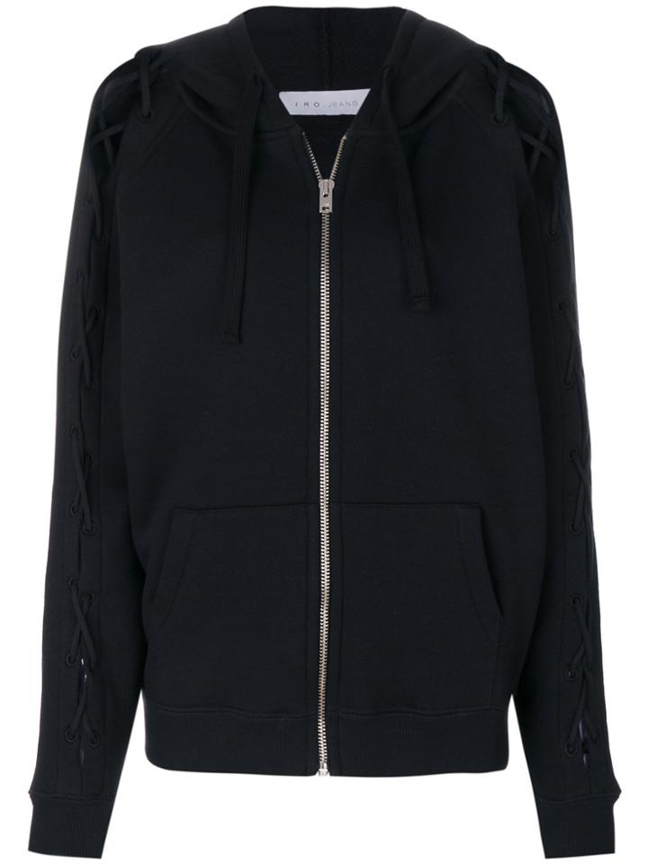 Iro Lace-up Sleeve Zip Hooded Cardigan - Black