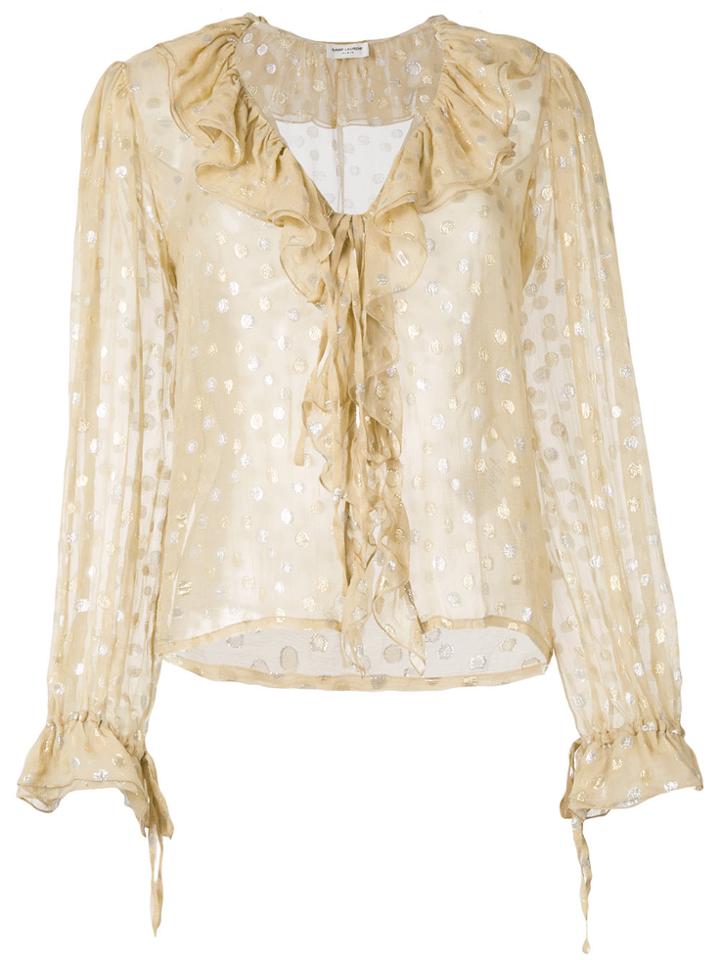 Saint Laurent Polka Dot Sheer Ruffle Blouse - Nude & Neutrals