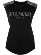 Balmain Embellished Logo Tank Top, Women's, Size: 44, Black, Cotton/metal/glass