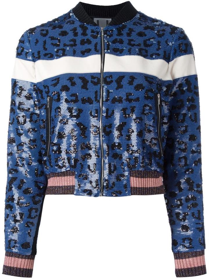 Aviù Sequined Animal Pattern Bomber Jacket, Women's, Size: 44, Blue, Acrylic/elastodiene/nylon/mohair