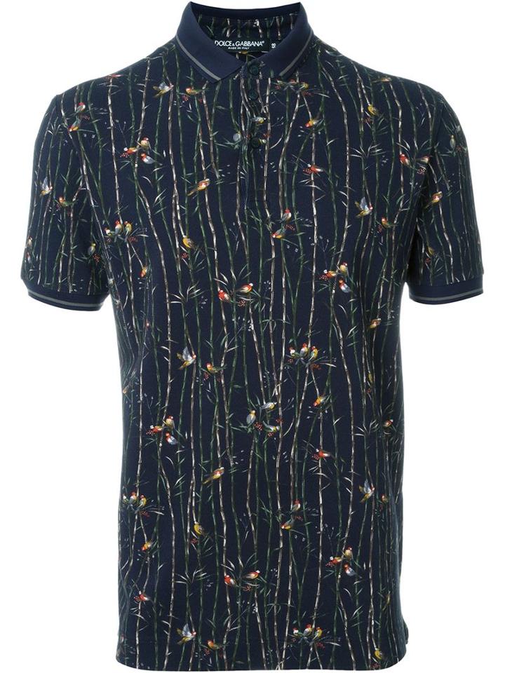 Dolce & Gabbana Bird Print Polo Shirt, Men's, Size: 52, Blue, Cotton