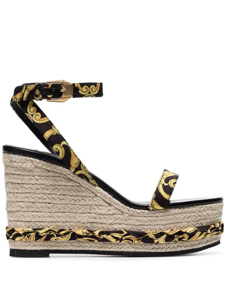 Versace Tribute Baroque Print Ankle Strap Straw Wedges - Black