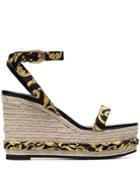 Versace Tribute Baroque Print Ankle Strap Straw Wedges - Black