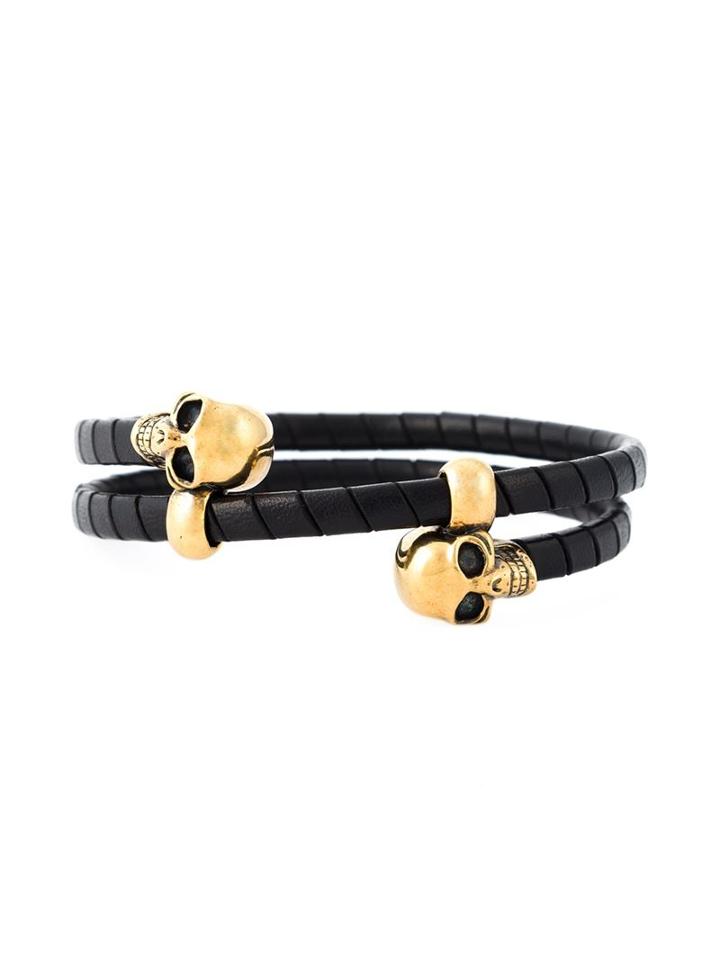 Alexander Mcqueen Leather-wrapped Skull Bangle, Men's, Black