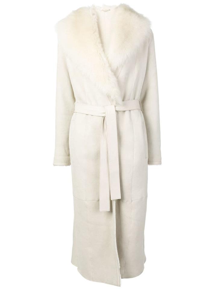 Liska Fur Trimmed Long Coat - White