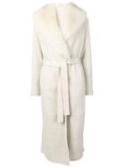 Liska Fur Trimmed Long Coat - White