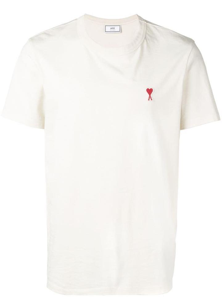 Ami Paris Crewneck Tee With Red Ami De Coeur Patch - Neutrals