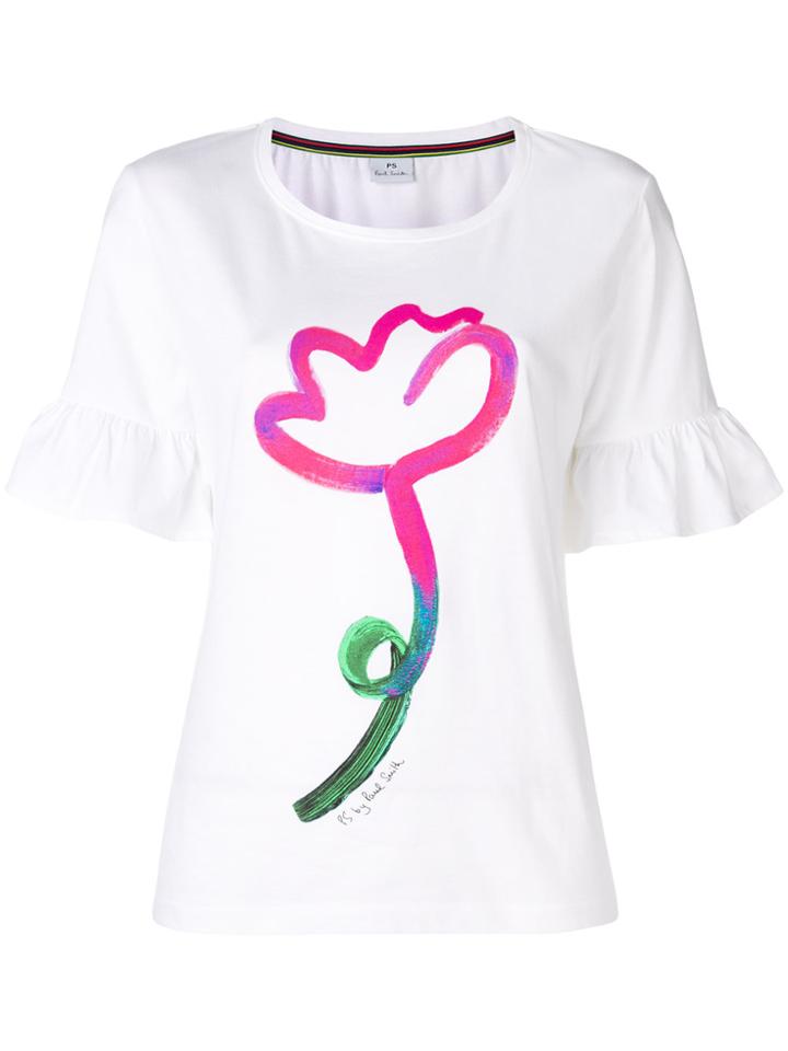 Ps By Paul Smith Flower Print Frill Sleeve Tee - White