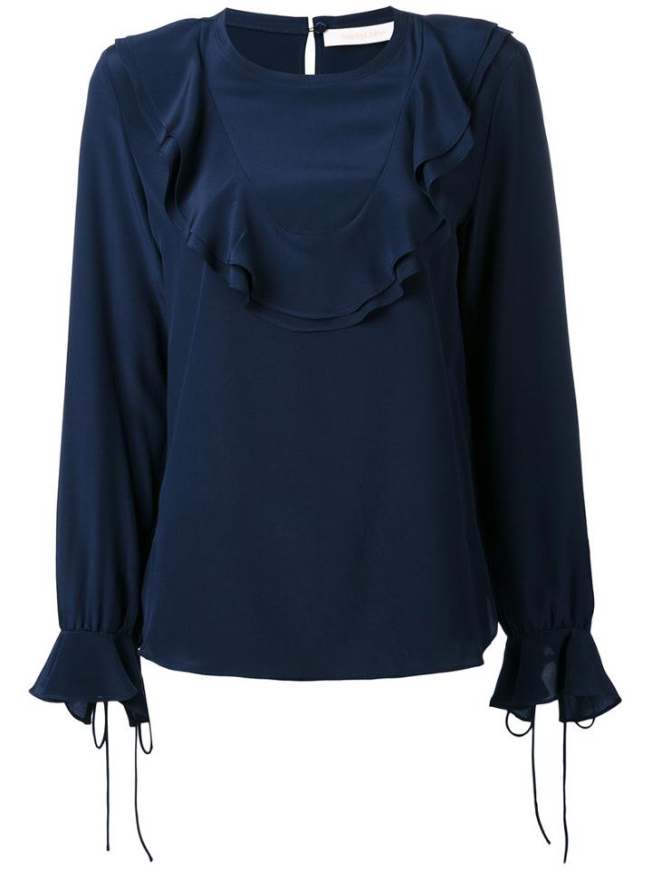 See By Chloé - Ruffle Yoke Blouse - Women - Silk - 38, Blue, Silk