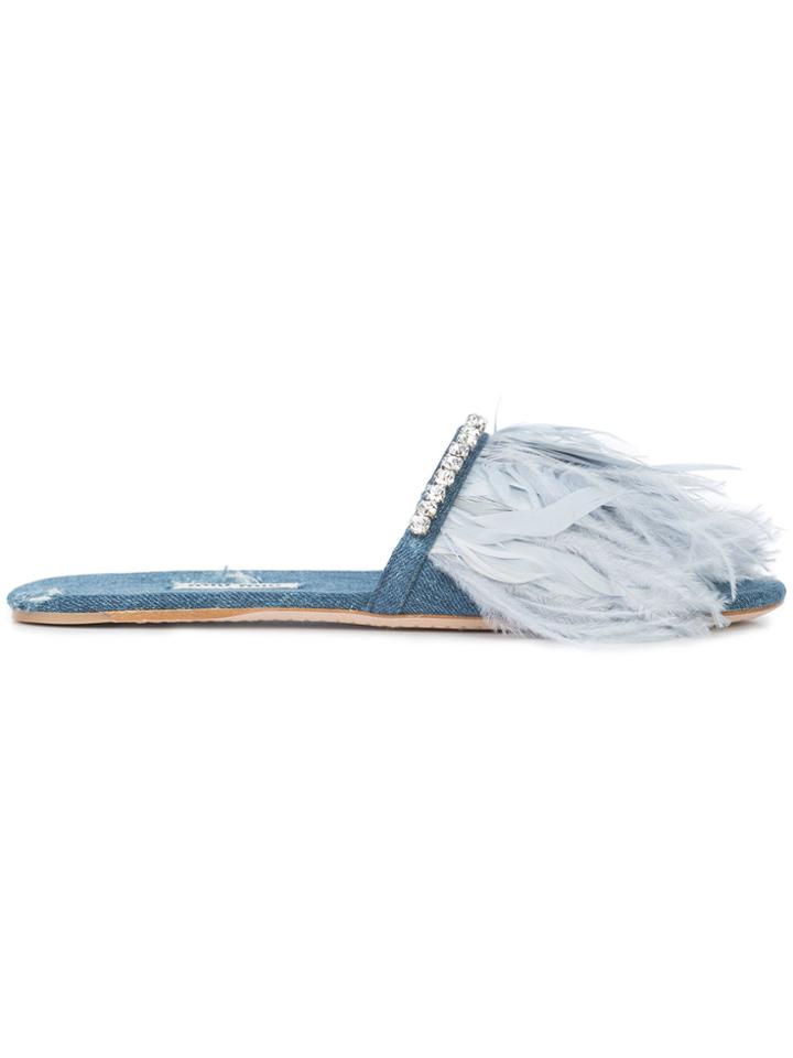 Miu Miu Feather-embellished Denim Sandals - Blue