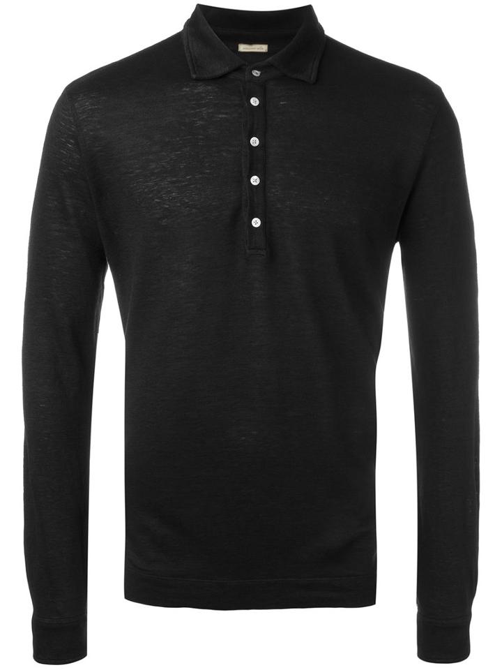 Massimo Alba - Long Sleeved Polo Shirt - Men - Linen/flax - M, Black, Linen/flax
