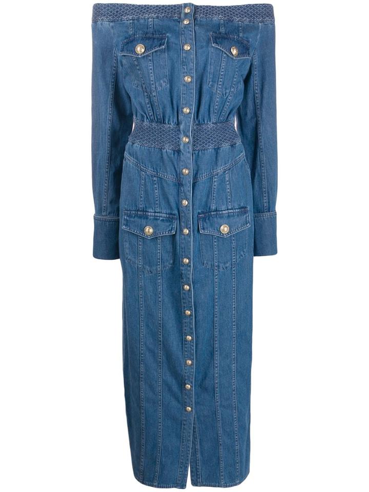 Balmain Off-the-shoulder Buttoned Denim Dress - Blue