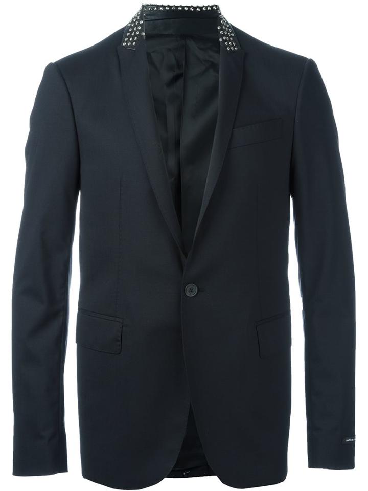 Les Hommes Embellished Lapel Blazer, Men's, Size: 50, Black, Leather/rayon/wool/metal