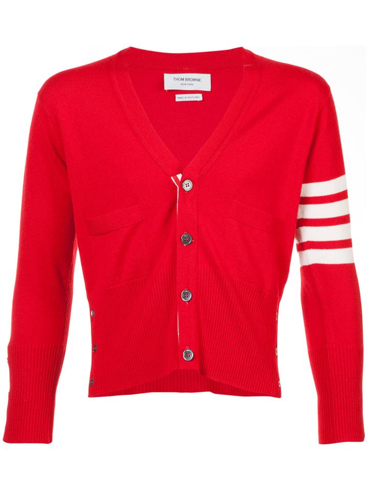 Thom Browne Short V-neck Cardigan With 4-bar Stripe In Red Cashmere