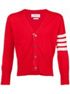 Thom Browne Short V-neck Cardigan With 4-bar Stripe In Red Cashmere