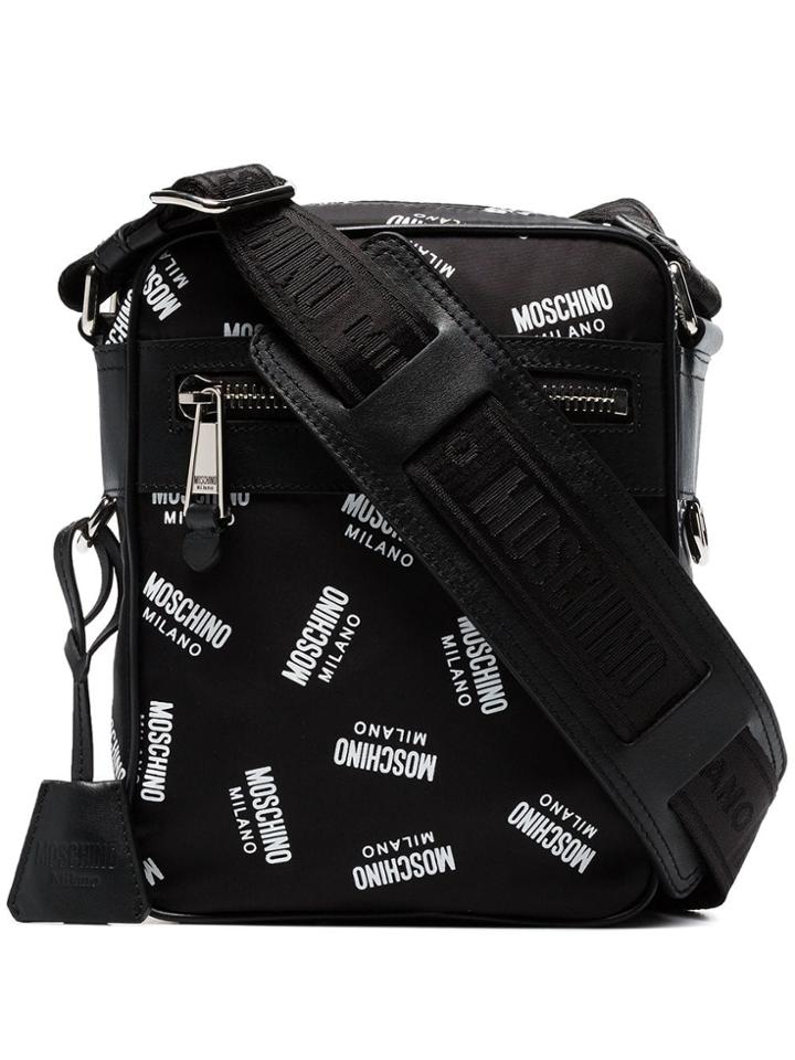 Moschino Black Logo Print Leather Trim Messenger Bag