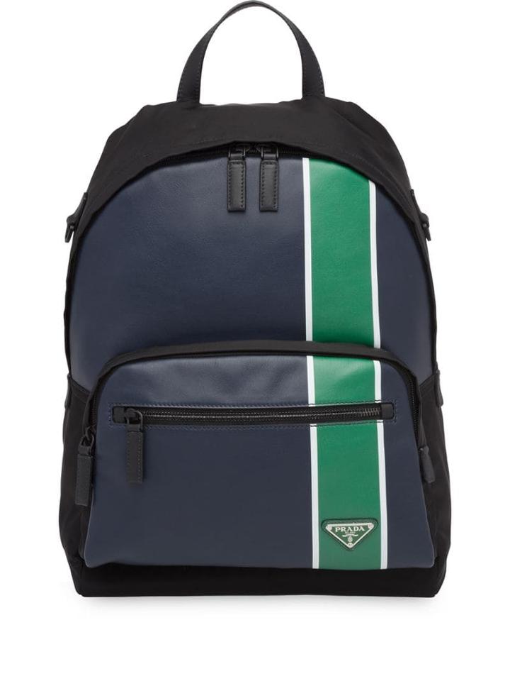 Prada Technical Fabric And Leather Stripe Backpack - Blue