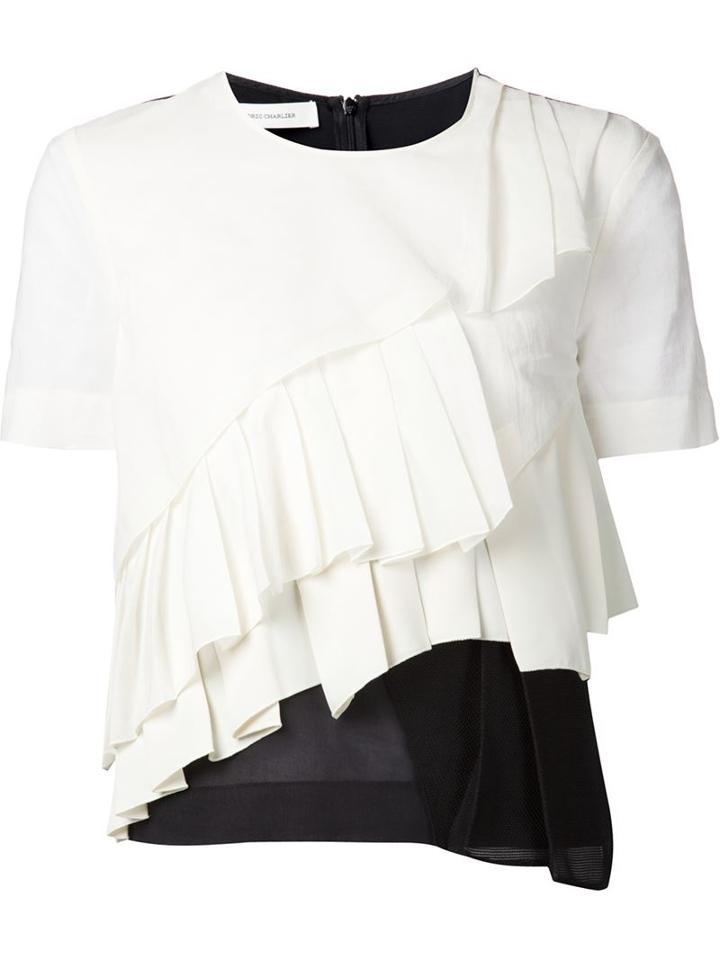 Cédric Charlier Pleated Front T-shirt Blouse, Women's, Size: 42, White, Cotton/silk/polyester