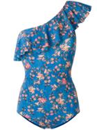 Isabel Marant Floral Ruffled One Shoulder Swimsuit - Blue