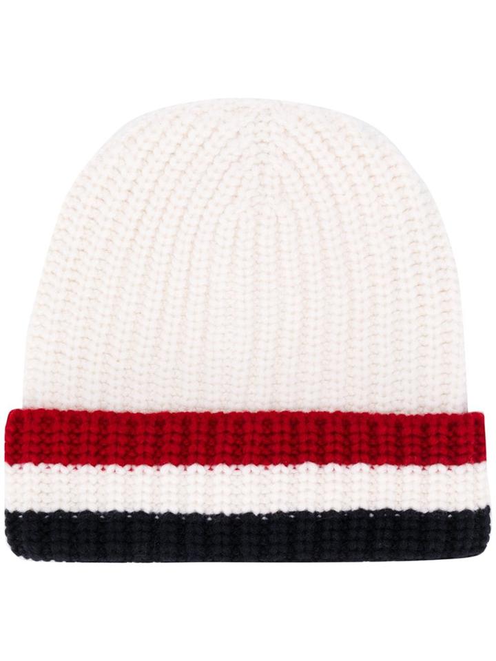 Thom Browne Tricolour-stripe Knitted Beanie Hat - White
