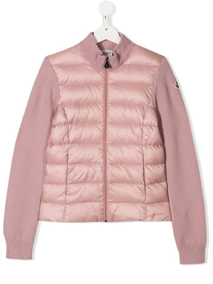 Moncler Kids Teen Puffer Shell-panelled Textured-knit Jacket - Pink