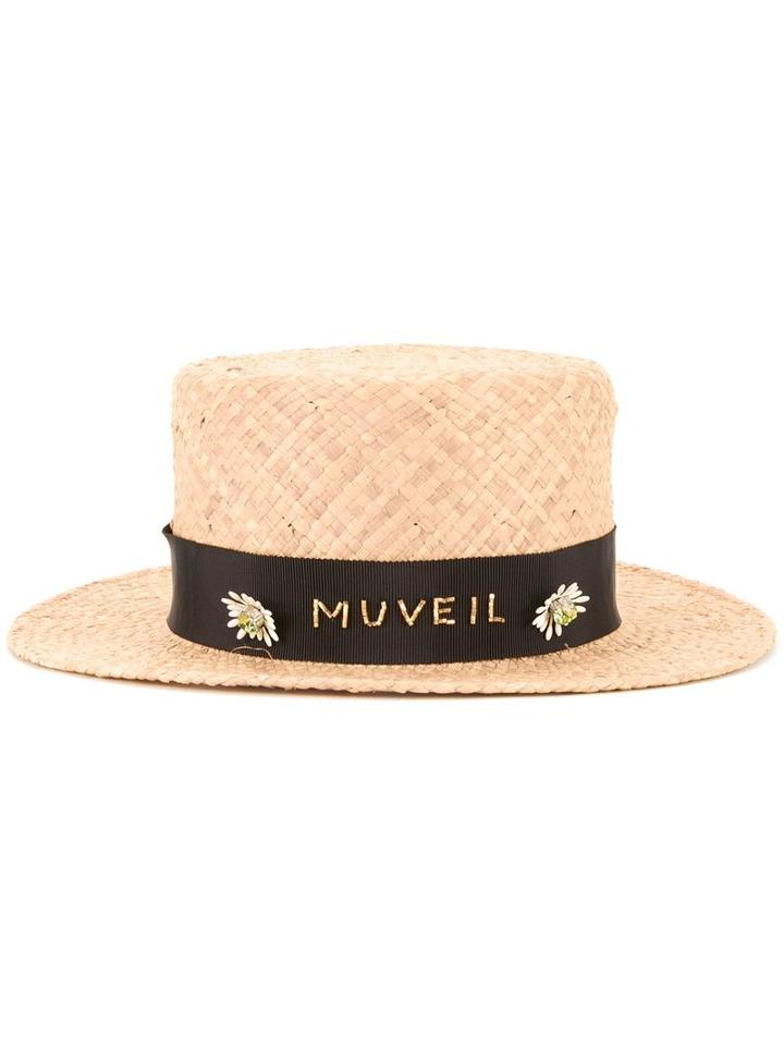 Muveil Branded Band Boater Hat, Women's, Brown, Raffia
