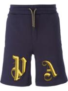 Palm Angels Insignia Embroidered Sweat Shorts, Men's, Size: Large, Blue, Cotton