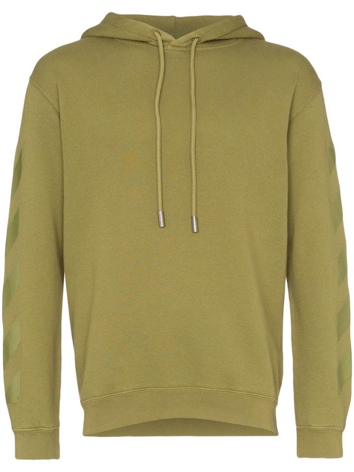 Off-white Diagonal Stripe Logo Print Hooded Cotton Jumper - Green
