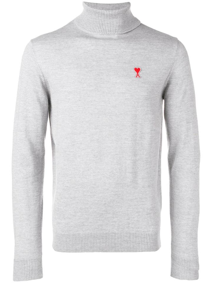 Ami Paris Turtleneck Sweater Ami De Coeur Patch - Grey