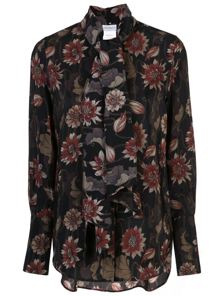 Salvatore Ferragamo Waterlilies Print Silk Blouse - Black