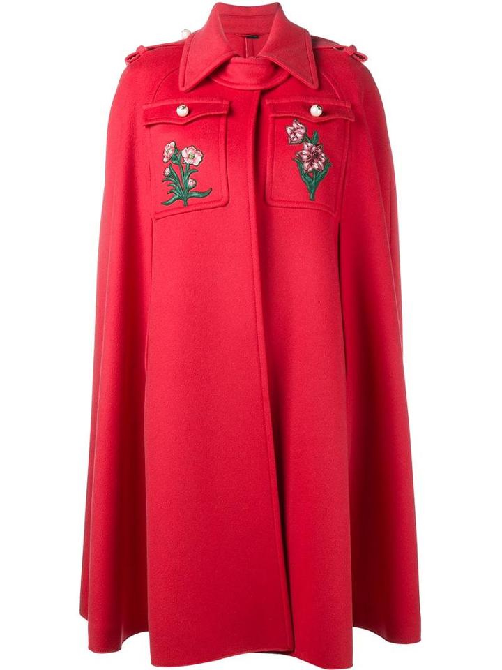 Gucci Floral Embroidered Cape, Women's, Size: 44, Red, Wool/viscose/polyester/cotton