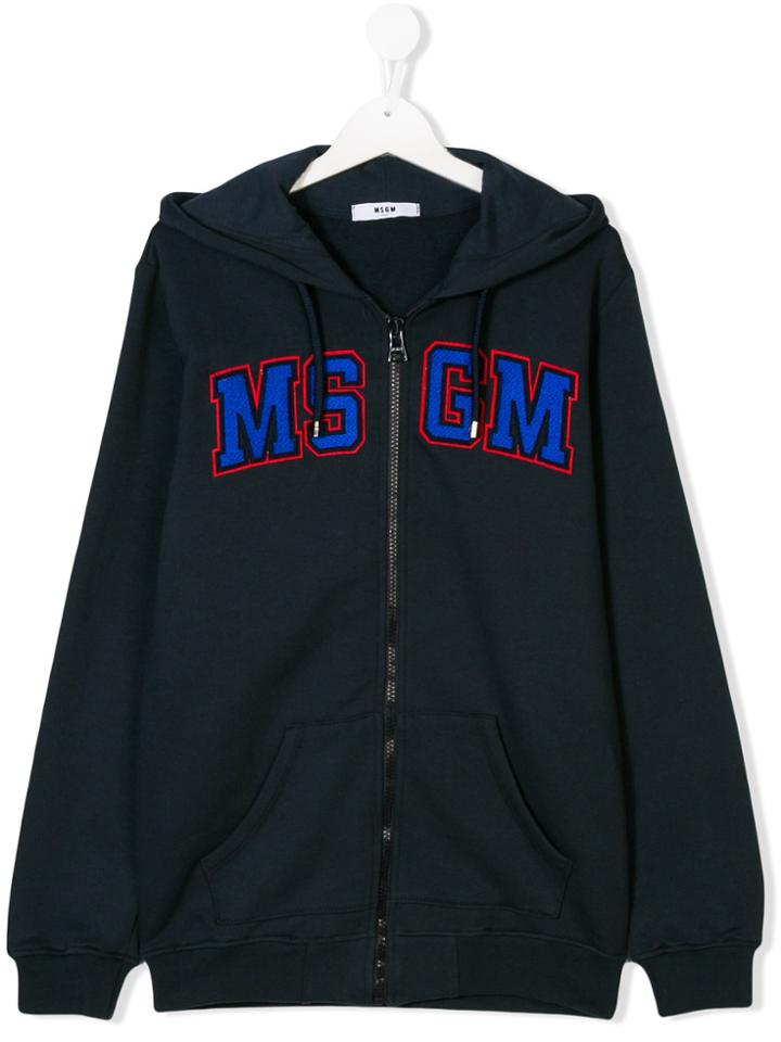 Msgm Kids Logo Patch Zip Hoodie - Blue