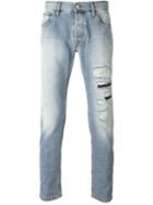 Just Cavalli Patch Pocket Distressed Jeans, Men's, Size: 32, Blue, Cotton/calf Leather/polyurethane