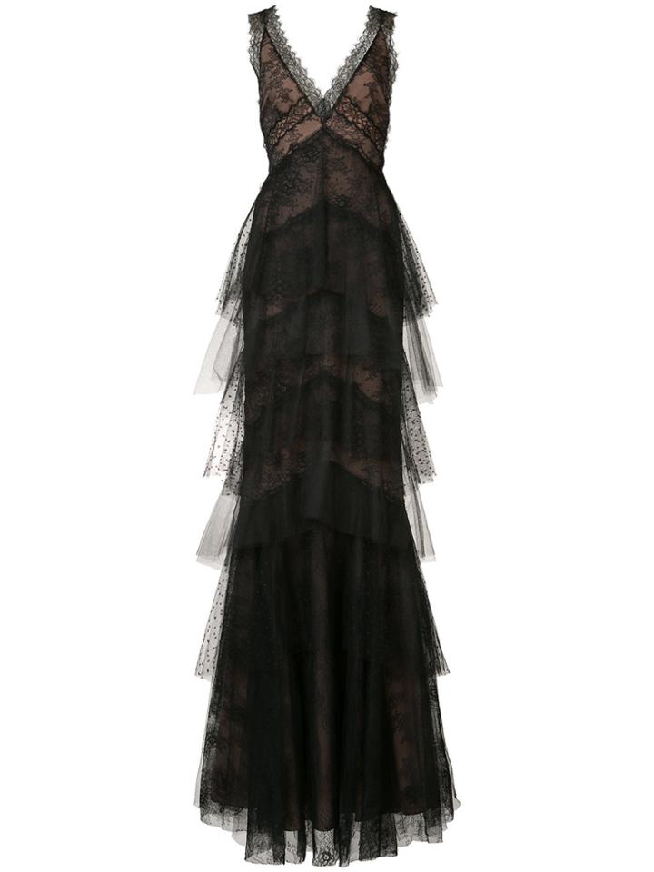 Marchesa Notte Floral Lace Layered Gown - Black