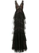 Marchesa Notte Floral Lace Layered Gown - Black