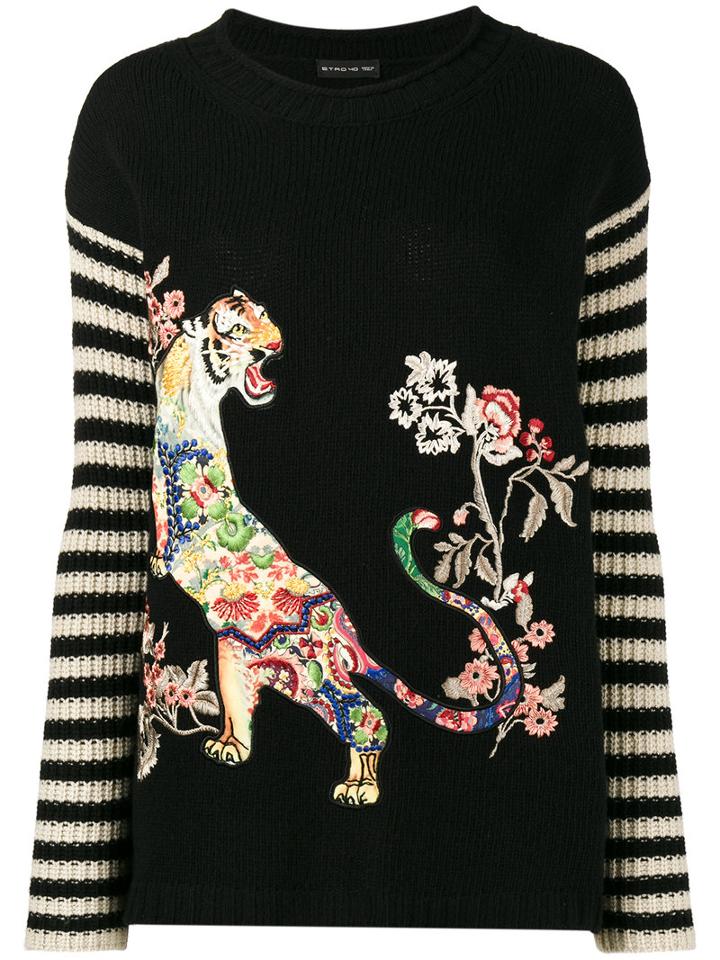 Etro - Tiger Embroidered Stripe Jumper - Women - Polyester/viscose/wool - 38, Black, Polyester/viscose/wool